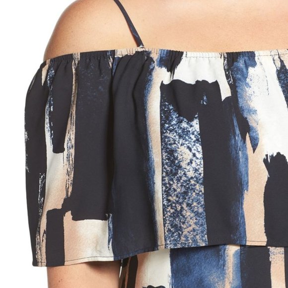 Sejour for Nordstroms off-the-shoulder blue / bronze / white boho dress (14W) - Picture 2 of 10